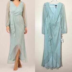 ADRIANNA PAPELL DRESS 12 MOTHER OF THE BRIDE GREEN BLUE FORMAL LONG SLEEVE GOWN